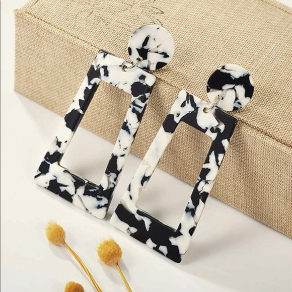 Acrylic resin black white marble rectangle cut out dangle drop earrings